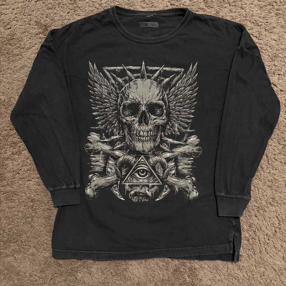 Thirty Single Y2K Black Skull Graphic Long Sleeve Shirt Large